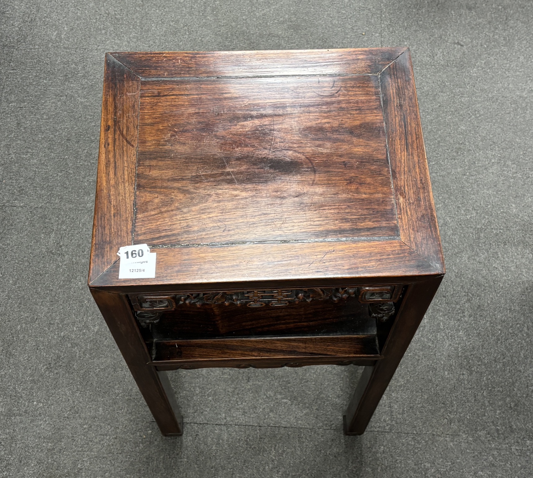 A Chinese rectangular hardwood two tier vase stand, width 41cm, depth 34cm, height 80cm
